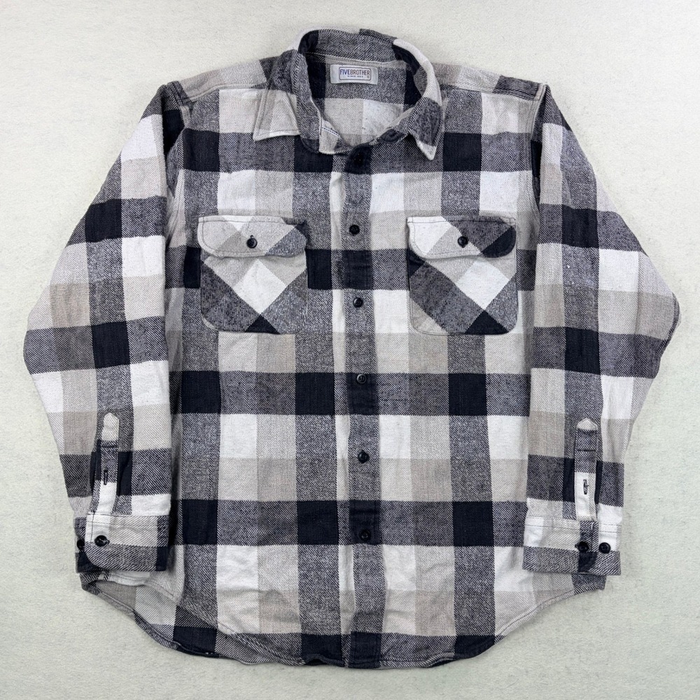 FiveBrother Mens Flannel Shirt Black Grey White Buffalo Check Plaid Long Sleeve